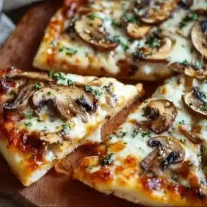 Delicious white mushroom pizza topped with fresh mushrooms and mozzarella cheese