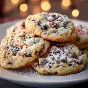 Delicious Winter Wonderland Chocolate Chip Cookies on a festive plate