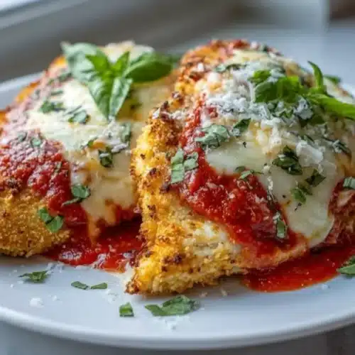 A delicious plate of Air Fryer Chicken Parmesan garnished with herbs.