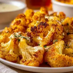 Crispy air fryer roasted cauliflower on a plate garnished with herbs.