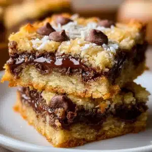 Almond Joy Cookie Bars topped with chocolate, coconut, and almonds