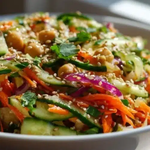 Asian cucumber chickpea slaw with sesame dressing on a plate