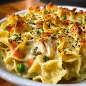 A delicious bowl of chicken pot pie noodles topped with herbs and vegetables