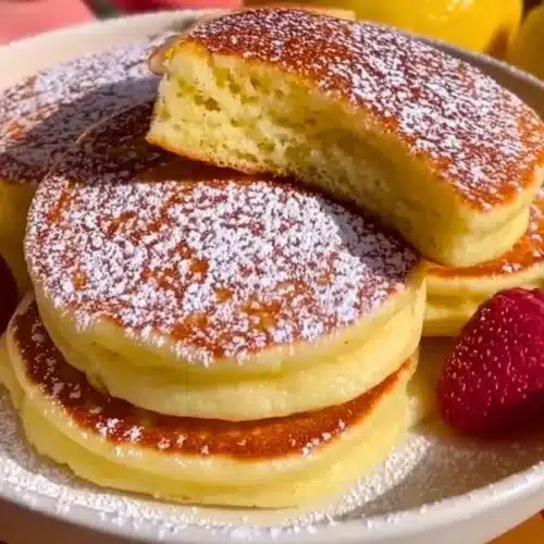 Stack of fluffy pancakes topped with syrup and fresh berries