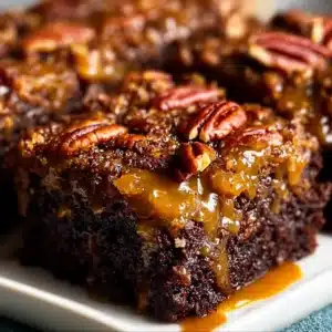 Buttery pecan pie brownies topped with pecans in a baking dish