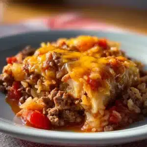 Cabbage Roll Skillet dish featuring stuffed cabbage and savory sauce.