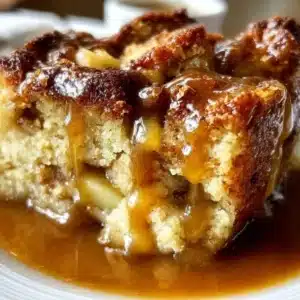 Delicious Caramel Apple Bread Pudding Delight with caramel drizzle and apple slices.