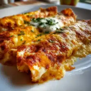 Cheese Chicken Enchiladas topped with melted cheese and served on a plate