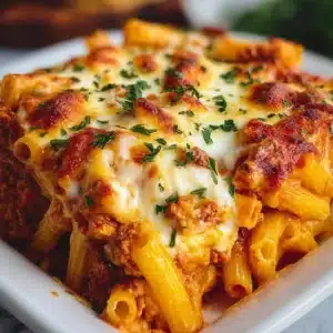 Deliciously cheesy baked ziti in a casserole dish, ready to serve.
