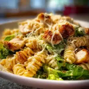 Delicious Chicken Caesar Pasta Salad with grilled chicken, romaine, and Caesar dressing.