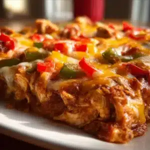 Delicious Chicken Fajita Casserole topped with peppers and cheese
