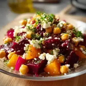 Chickpea Beet Feta Salad with fresh ingredients and colorful presentation