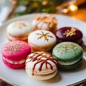 Festively decorated Christmas Macarons in red and green on a white plate