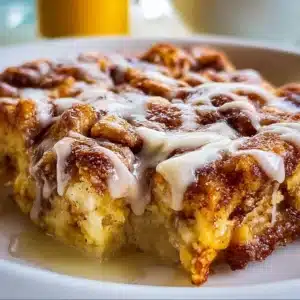 Delicious cinnamon roll casserole baked to perfection, ready to serve.