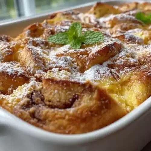 Delicious Cinnamon Roll French Toast Casserole served warm with icing drizzle.