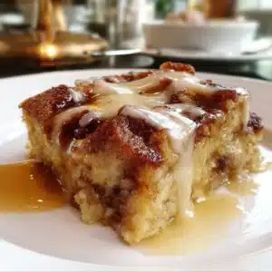 Delicious condensed milk bread pudding served in a bowl with a caramel drizzle.