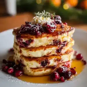 Cranberry Orange Ricotta Pancakes topped with fresh cranberries and orange zest