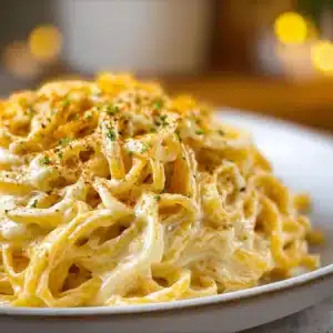 Cream cheese pasta dish topped with herbs and served on a plate.