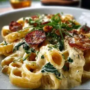 Creamy high-protein pasta bowl served with fresh herbs and vegetables