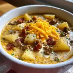 Bowl of creamy potato hamburger soup garnished with fresh herbs