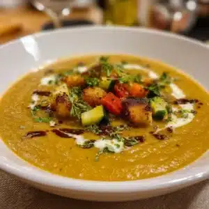 Bowl of creamy vegetable soup topped with herbs and croutons