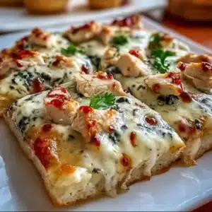 Creamy white chicken pizza topped with herbs and cheese