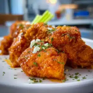 Crispy Buffalo Chicken wings garnished with celery and sauce