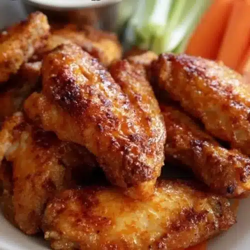 Crispy Buffalo Chicken Wings garnished with celery and blue cheese dip