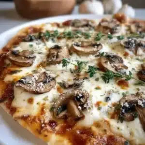 Delicious easy white mushroom pizza topped with fresh mushrooms and cheese