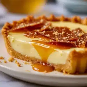 Sliced Eggnog Crème Tart topped with caramel shards and festive decorations