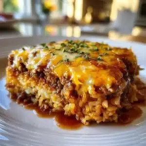 Bowl of French Onion Beef Rice Casserole topped with cheese and onions.