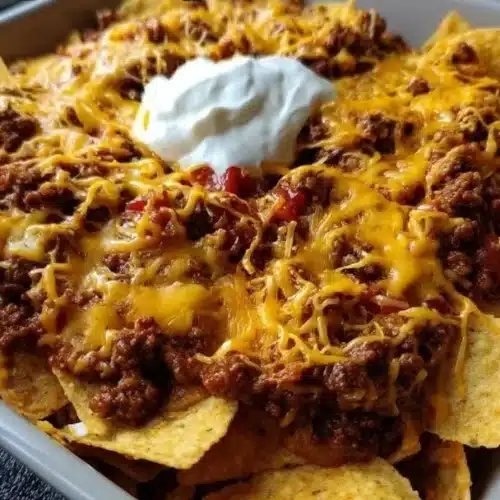 Delicious game day beef nachos topped with cheese and fresh ingredients