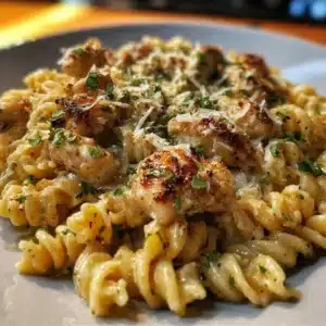 Garlic Parmesan Chicken Rotini served in a bowl with herbs and cheese garnish