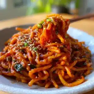 Delicious Gochujang Noodles garnished with vegetables