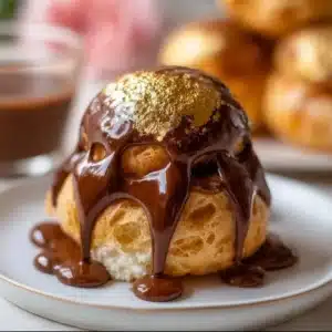 Elegant gold-dusted chocolate profiteroles on a dessert plate