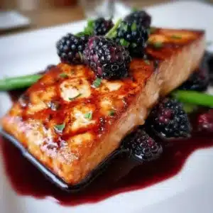 Grilled salmon topped with blackberry sauce served on a plate