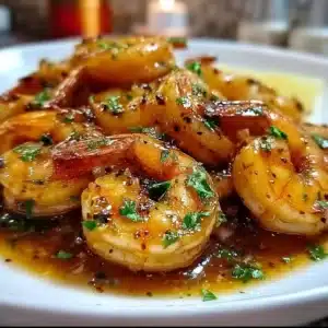 Plate of Hawaiian garlic shrimp garnished with herbs