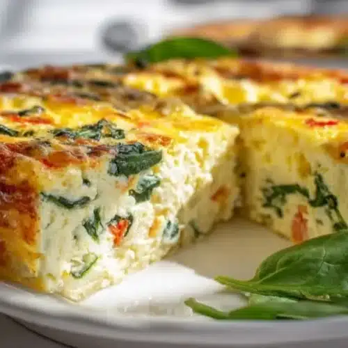 Healthy cottage cheese and spinach crustless quiche with fresh ingredients