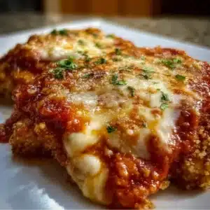 High protein chicken parmesan casserole with cheese and sauce