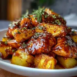 High protein honey BBQ chicken with crispy potatoes dish
