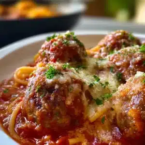 Plate of homemade classic spaghetti and meatballs with marinara sauce