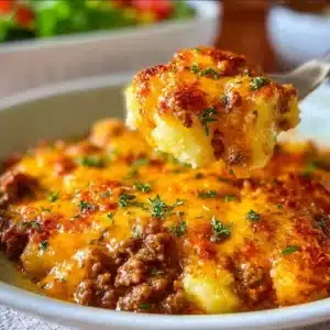 Homemade ground beef and potato casserole topped with cheese in a baking dish