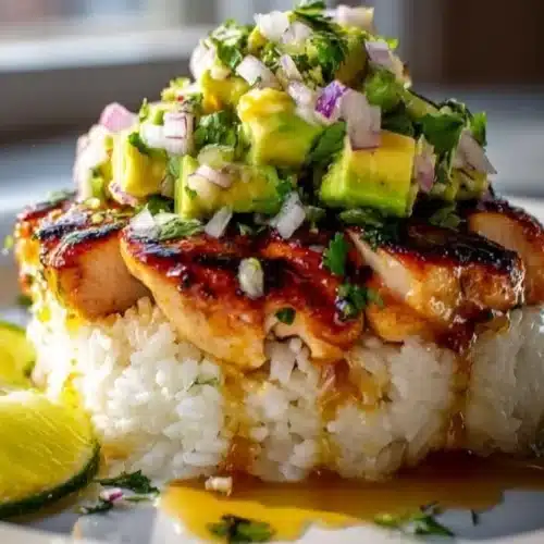 Honey Lime Chicken Avocado Rice Stack - a colorful and tasty dish
