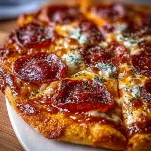 Hot honey pepperoni pizza topped with spicy pepperoni and drizzled with honey