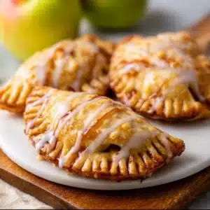 Freshly baked individual apple hand pies with a sweet glaze on top