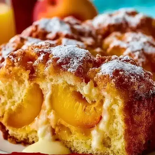 Delicious summer peach cake topped with fresh peaches and whipped cream
