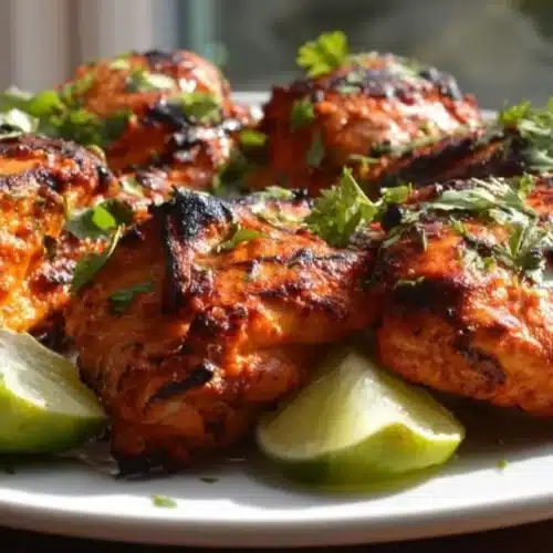 Deliciously cooked tandoori chicken on a plate garnished with herbs