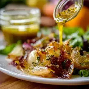 Bowl of homemade lemon shallot vinaigrette with fresh ingredients