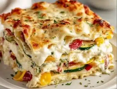 Loaded Veggie White Lasagna with layers of creamy sauce and colorful vegetables