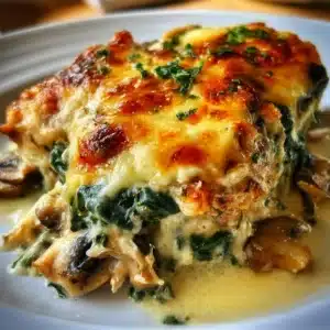 Low carb chicken bake with spinach and mushrooms, healthy dinner idea